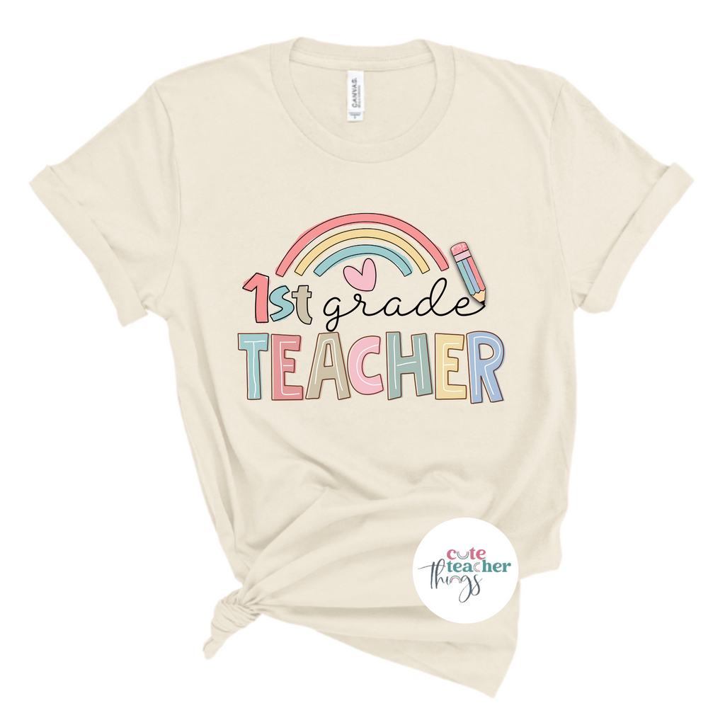 1st grade teacher rainbow tee, teacher graphic shirt, first day of school t-shirt