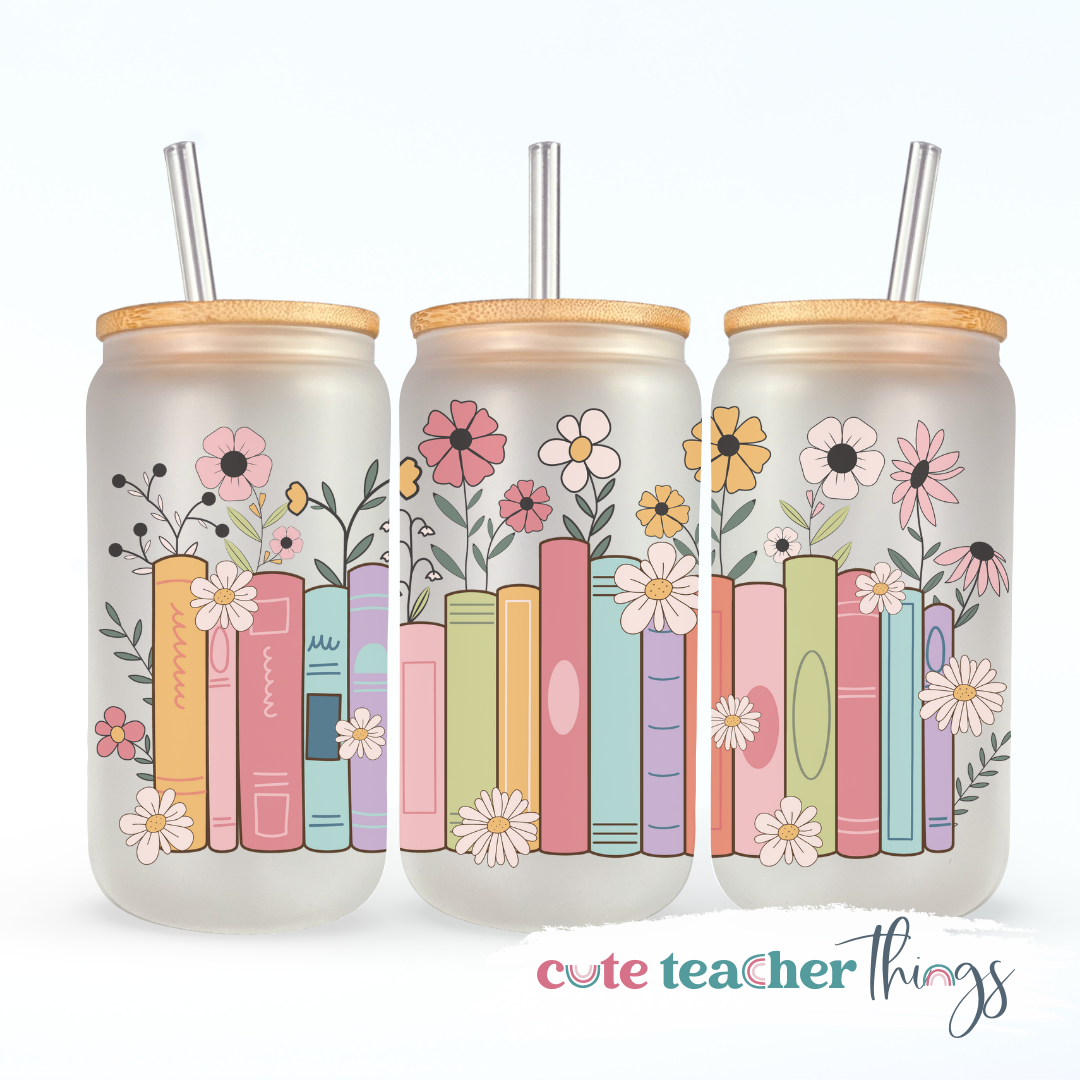 Books & Flowers Glass Cup