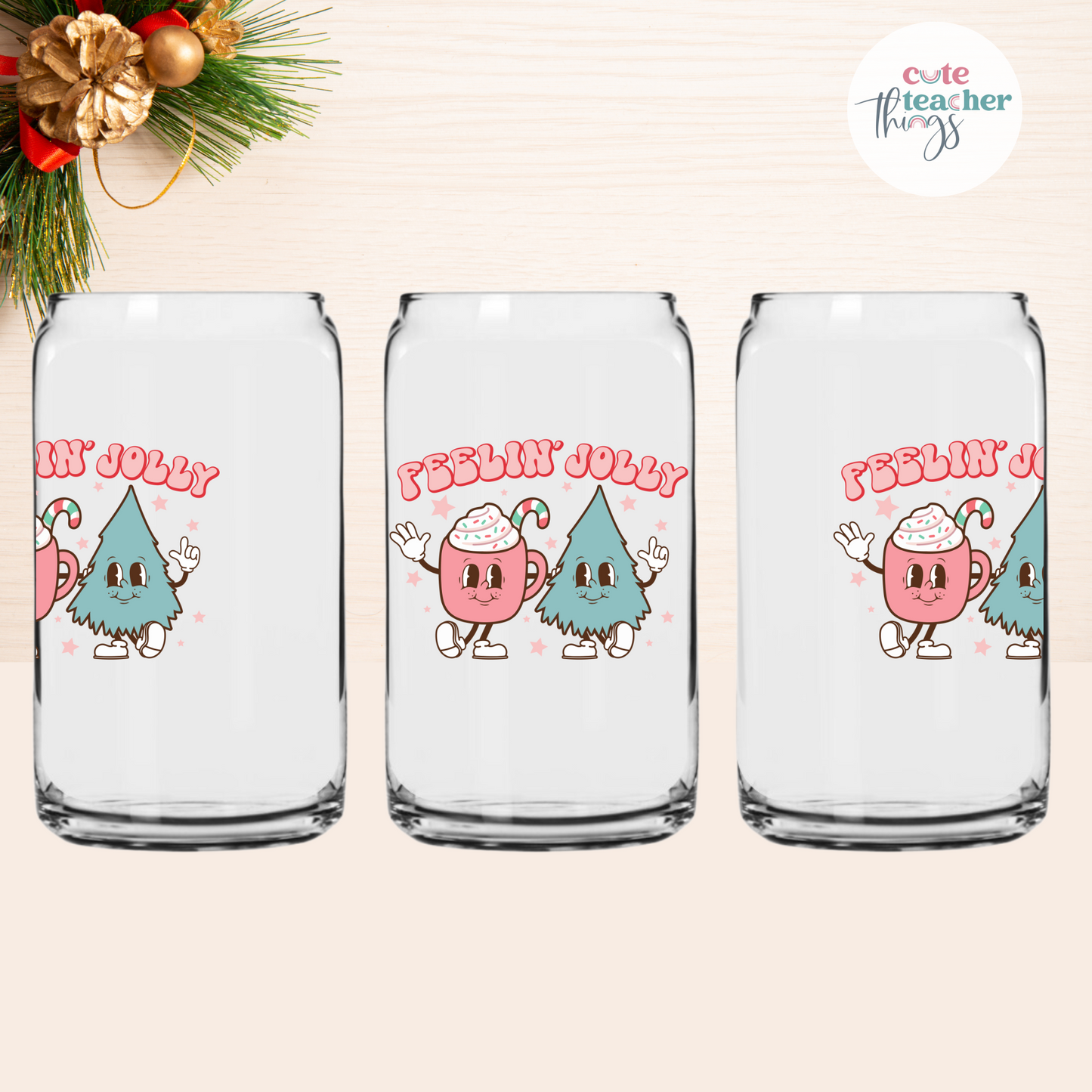 trendy christmas design, cute, christmas vibes glass cup