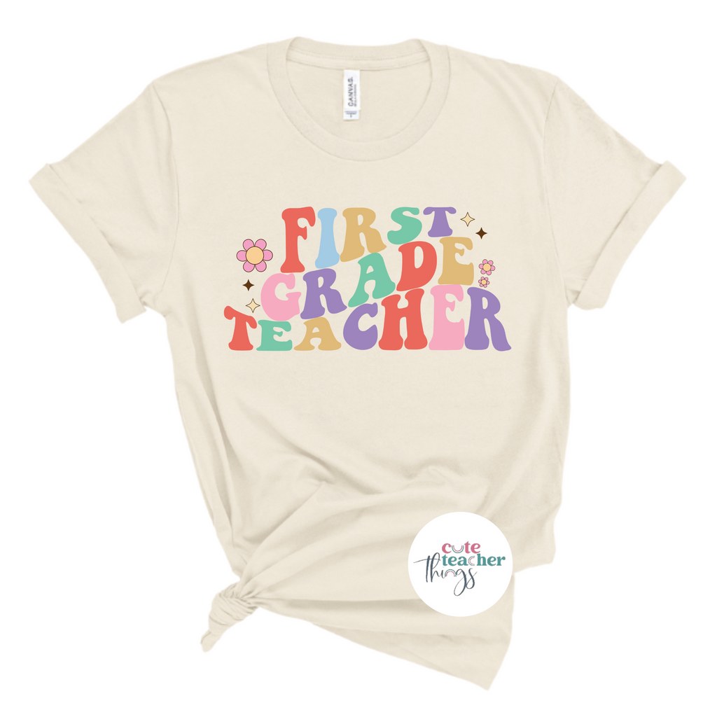 first grade teacher floral tee, gift idea for favorite teacher, teacher appreciation t-shirt, teacher clothes