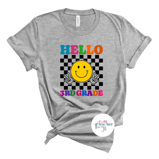 hello 3rd grade smiley with peace sign tee, good vibes shirt, perfect gift idea for 3rd grade teachers, first day of school shirt