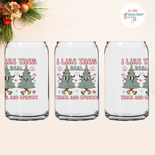 i like them real thick and sprucey frosted glass cup, trendy, funny christmas tree cartoon design