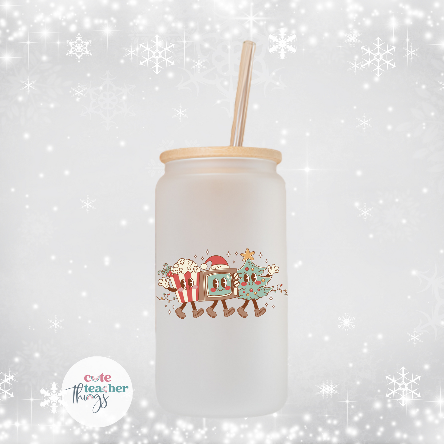 retro christmas pop corn frosted glass cup, for movie lovers, for coffee lovers
