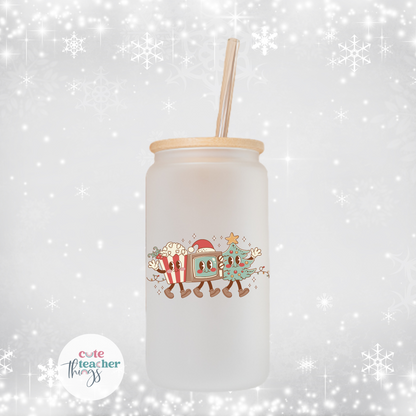 retro christmas pop corn frosted glass cup, for movie lovers, for coffee lovers