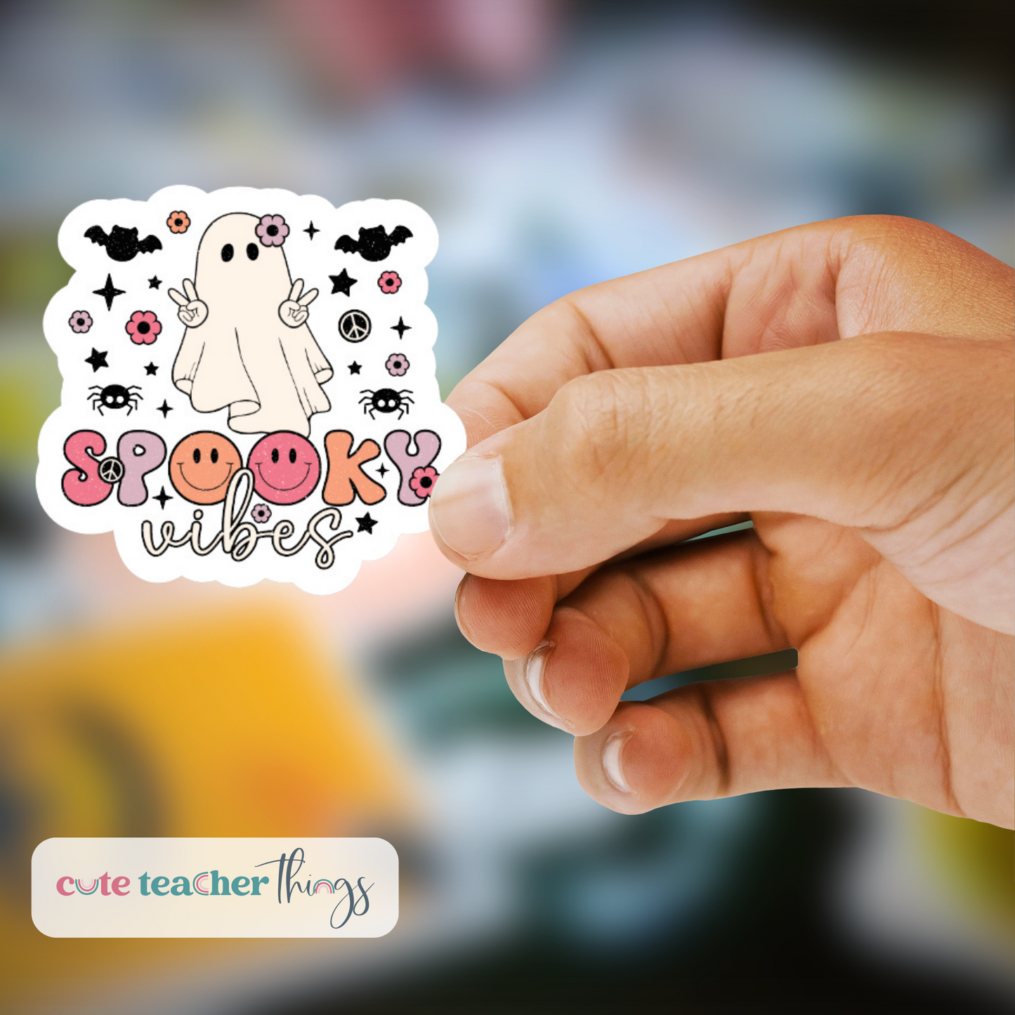 teacher halloween sticker, cute ghost and smiley sticker, spooky season sticker
