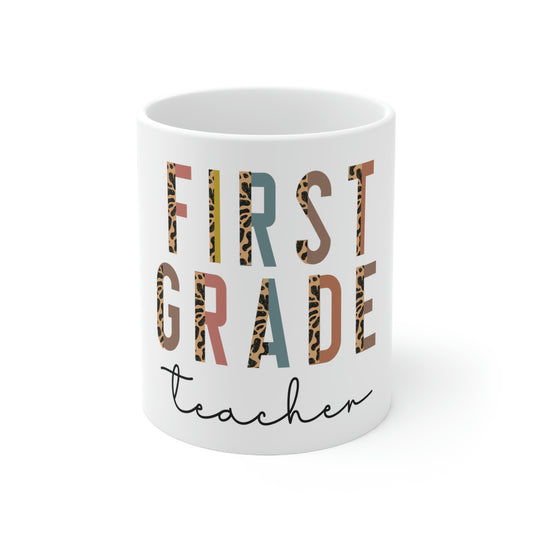 first grade teacher 11oz ceramic mug, teacher appreciation, half-leopard print