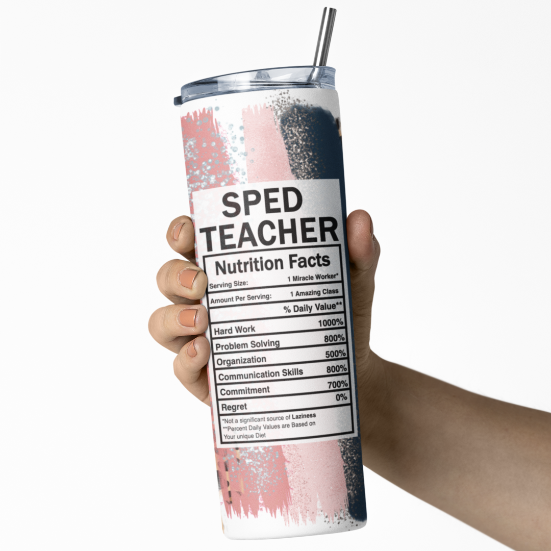 leopard print sped teacher nutrition facts design, stainless steel skinny tumbler, autism month celebration gift