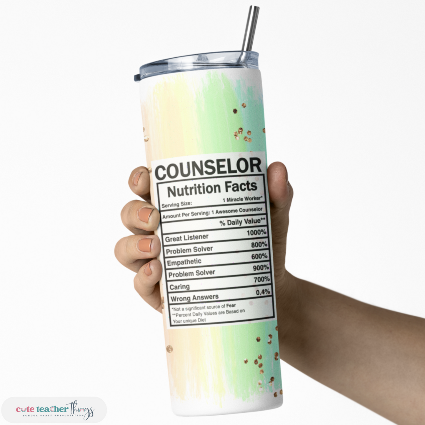 pastel rainbow counselor nutrition facts double wall insulated tumbler, appreciation tumbler