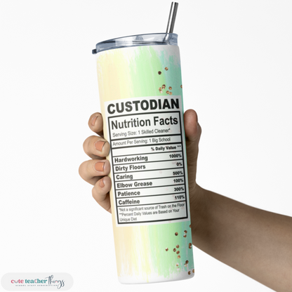 20 oz tumbler with lid and straw, pastel rainbow custodian nutrition facts design