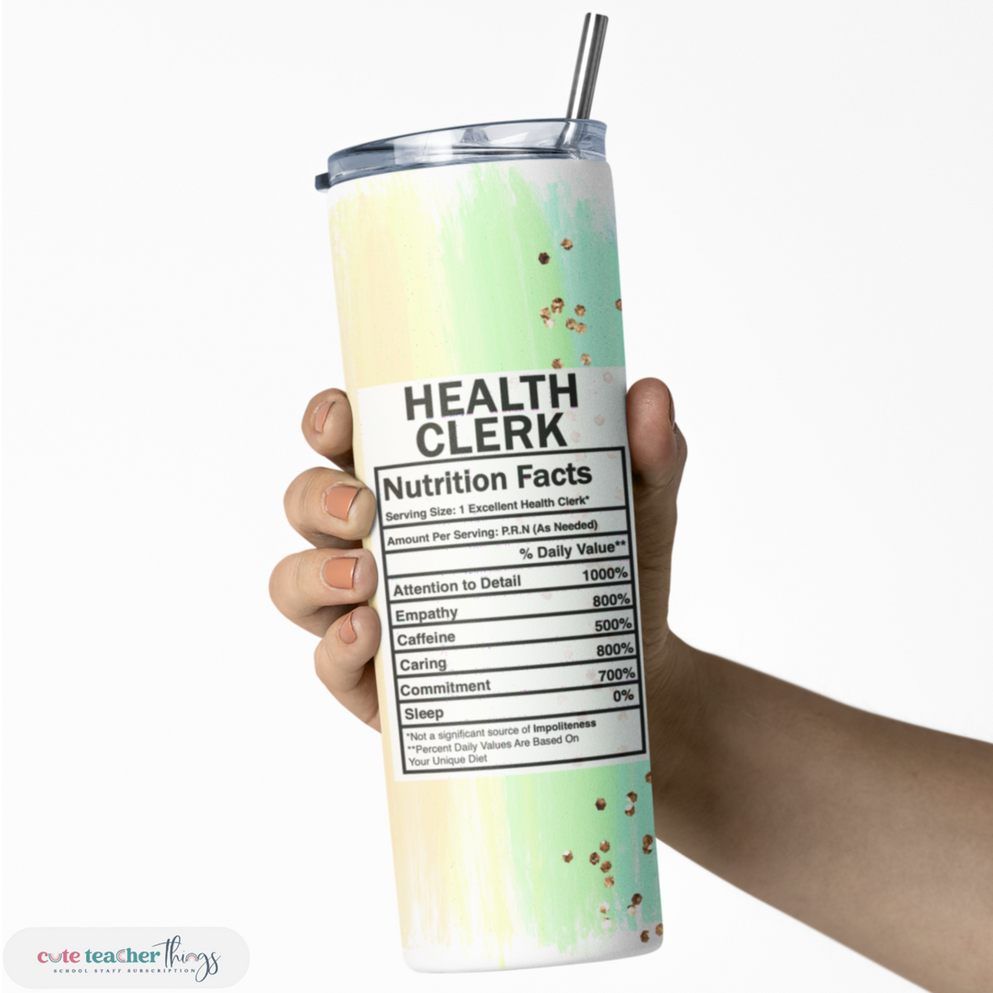 vacuum insulated with lid and straw, pastel rainbow health clerk nutrition facts design skinny tumbler