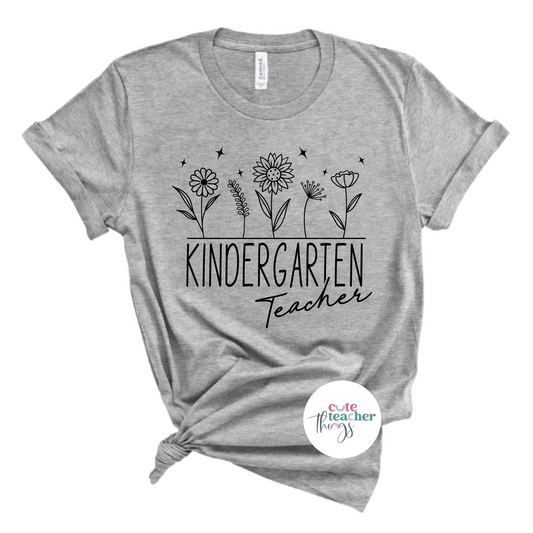 kindergarten teacher with flowers tee, teacher's trendy t-shirt, back to school outfit
