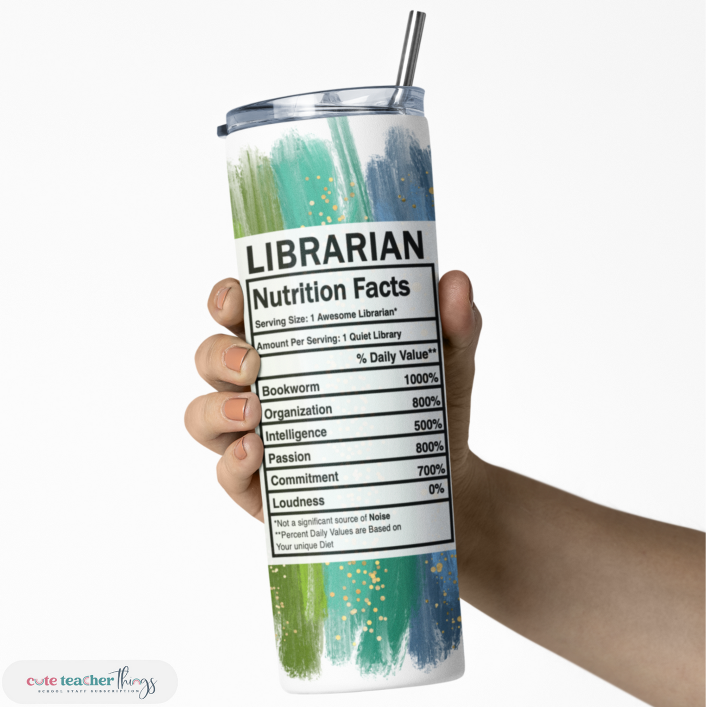 insulated vacuum tumbler, bright rainbow librarian nutrition facts design tumbler
