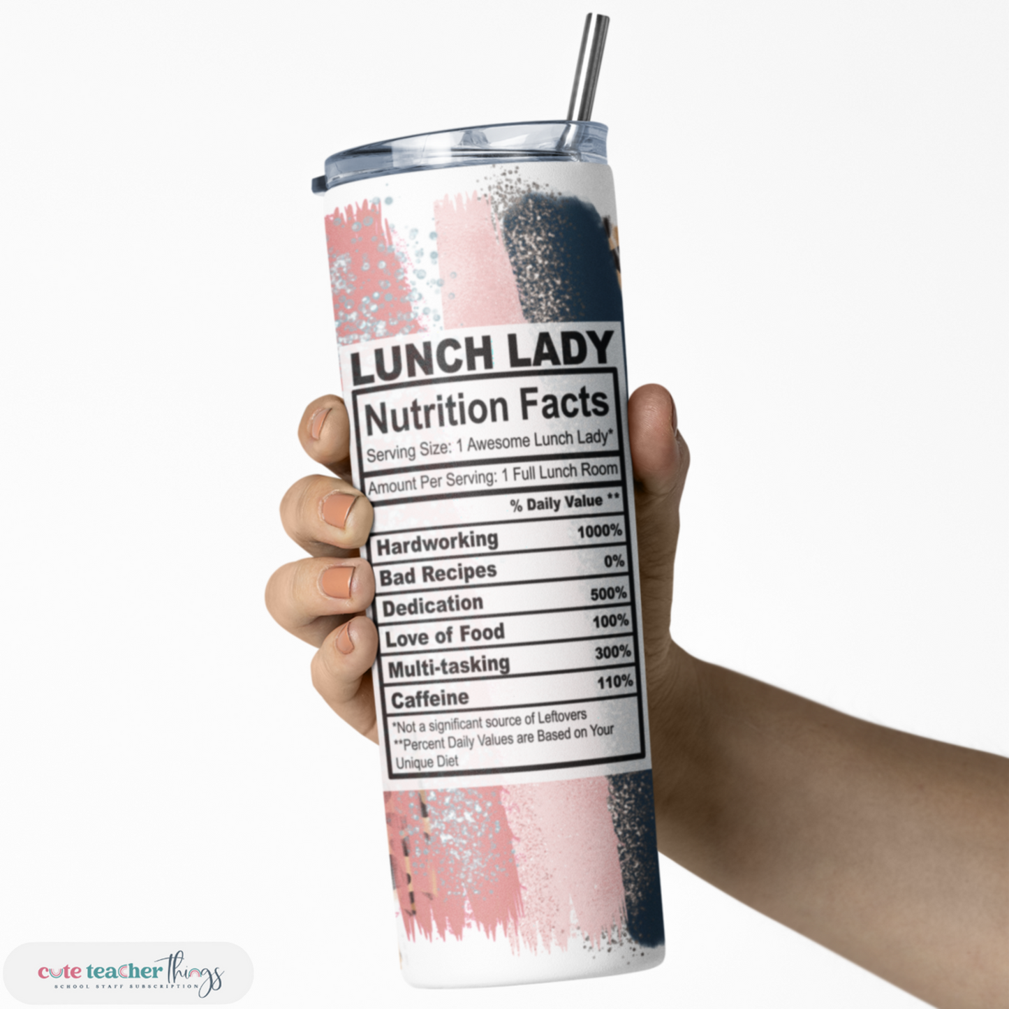 tumbler with lid and straw, pink leopard print, lunch lady nutrition facts tumbler