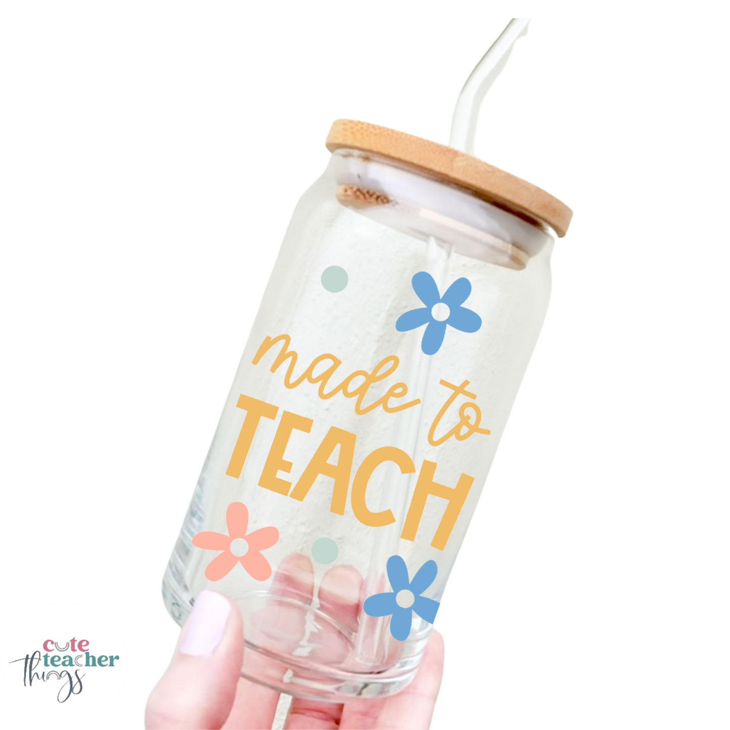 made to teach glass cup, 16 oz, reusable