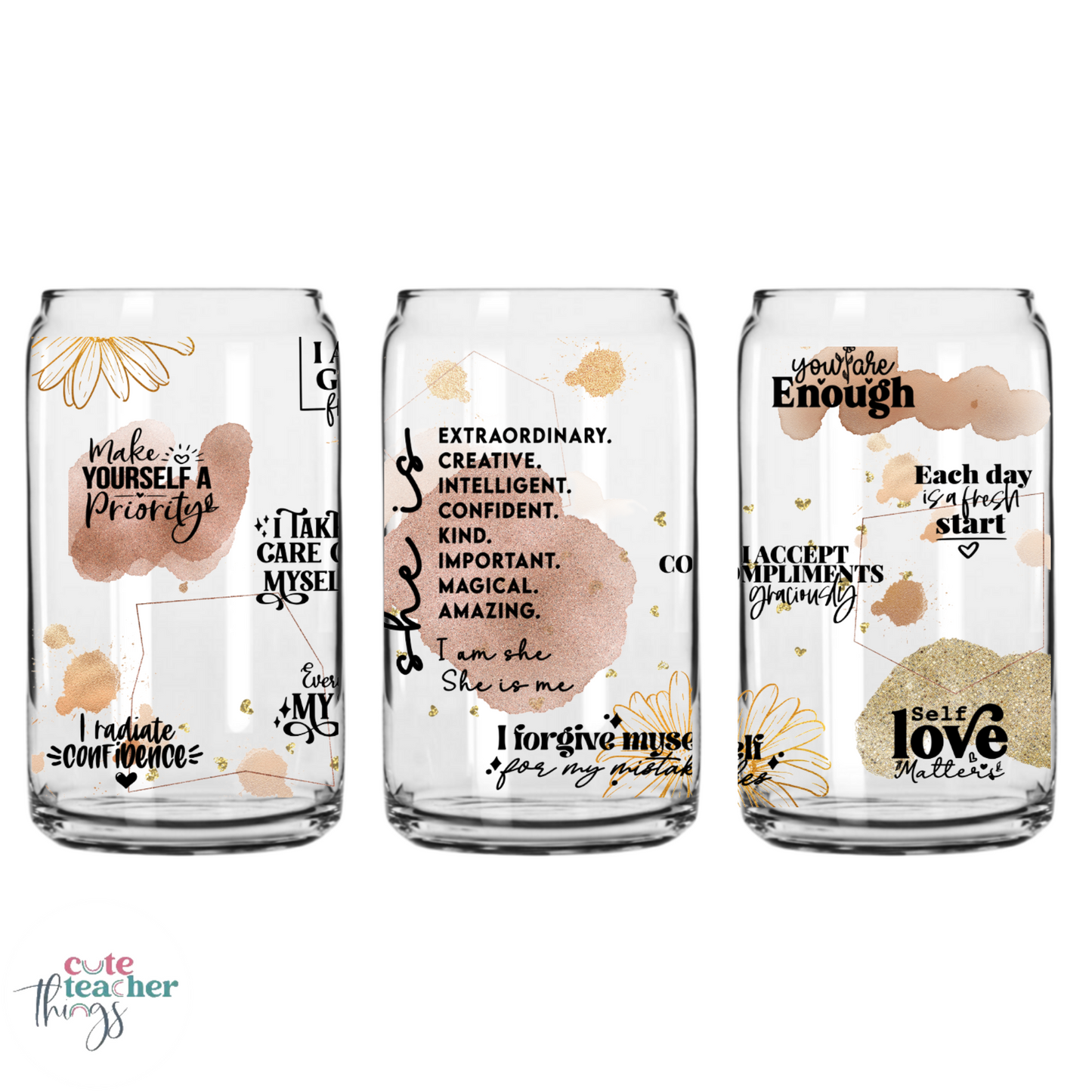 can shaped glass cup, teacher iced coffee cup, positive quotes glass cup