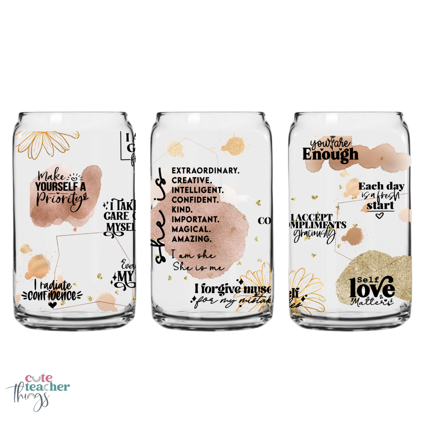 clear and frosted glass cup, self love, positive thinking glass cup