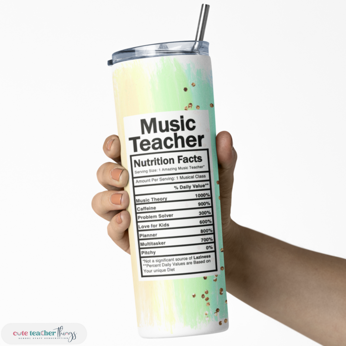 20 oz skinny tumbler, pastel rainbow music teacher nutrition facts design, teacher tumbler cup