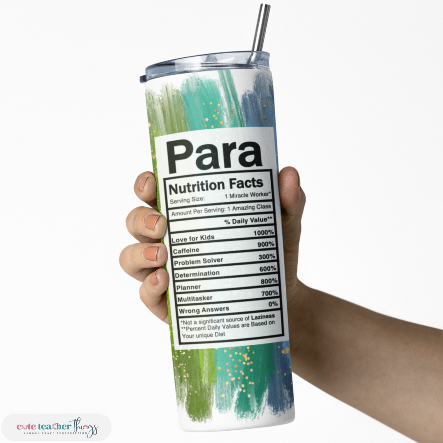 20 oz capacity travel tumbler, bright rainbow para nutrition facts design, unique gift