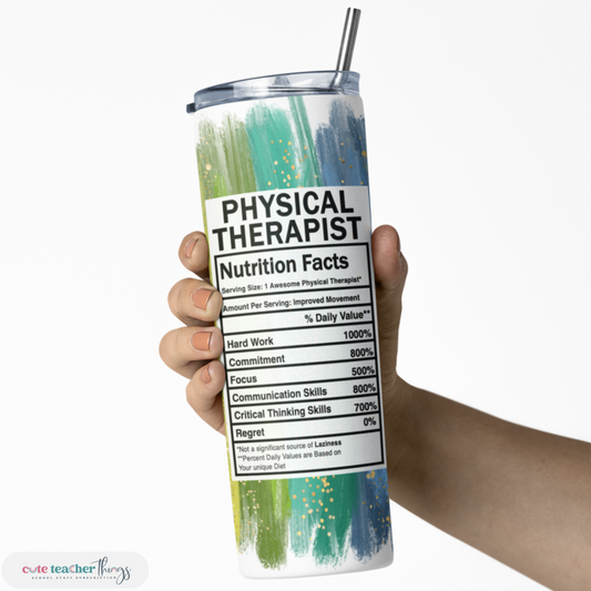 stainless steel, light weight skinny tumblers, bright rainbow physical therapist nutrition facts design