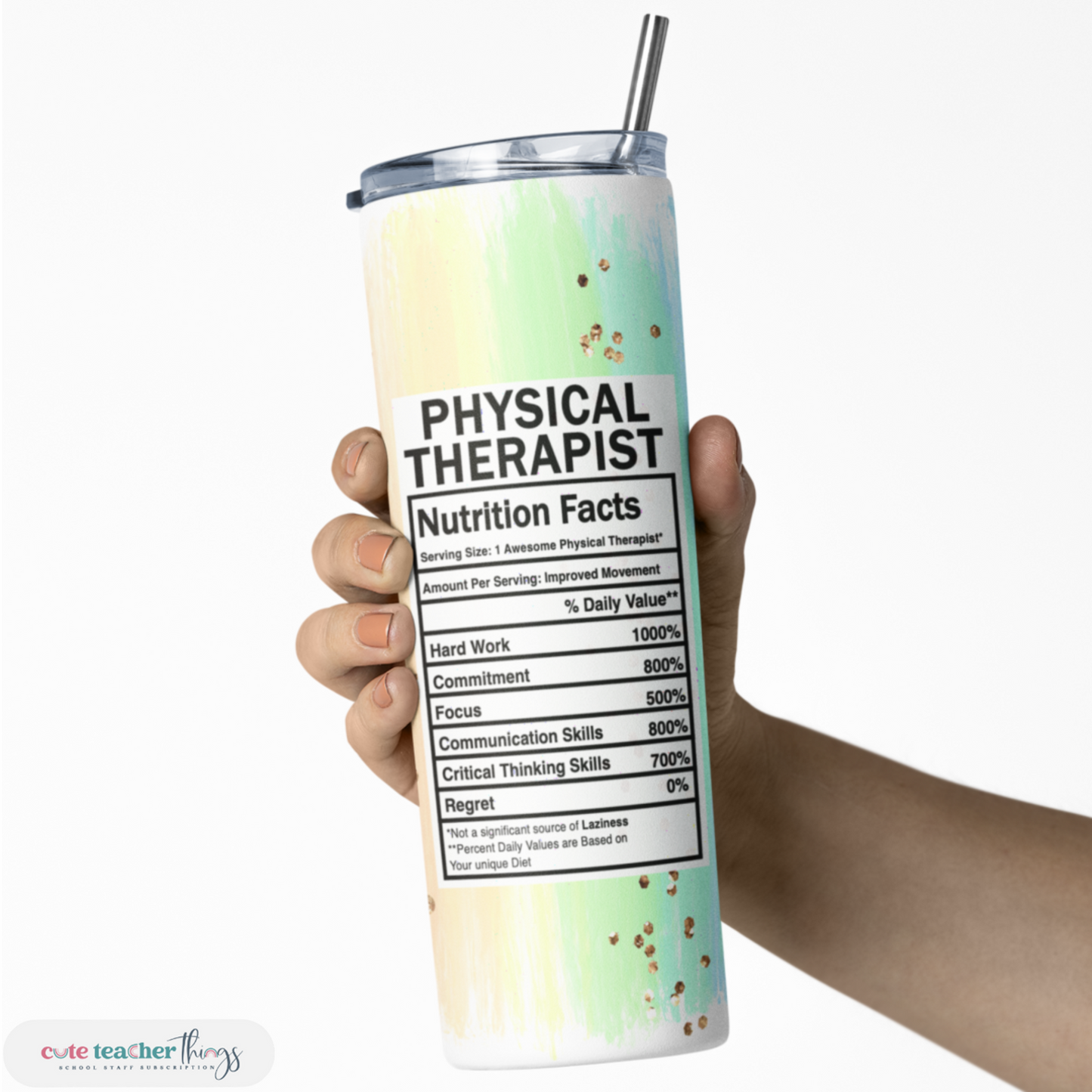 double wall insulated skinny tumbler, pastel rainbow physical therapist nutrition facts design, best gift for PT