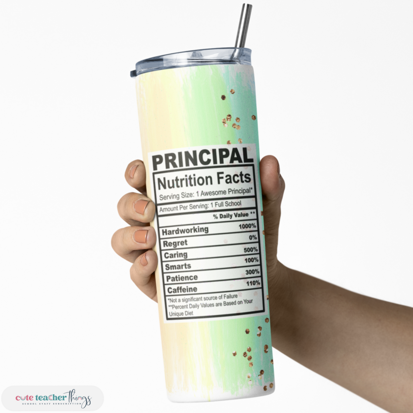 20 oz stainless steel water bottle tumbler, pastel rainbow principal nutrition facts design, for all occasion tumber