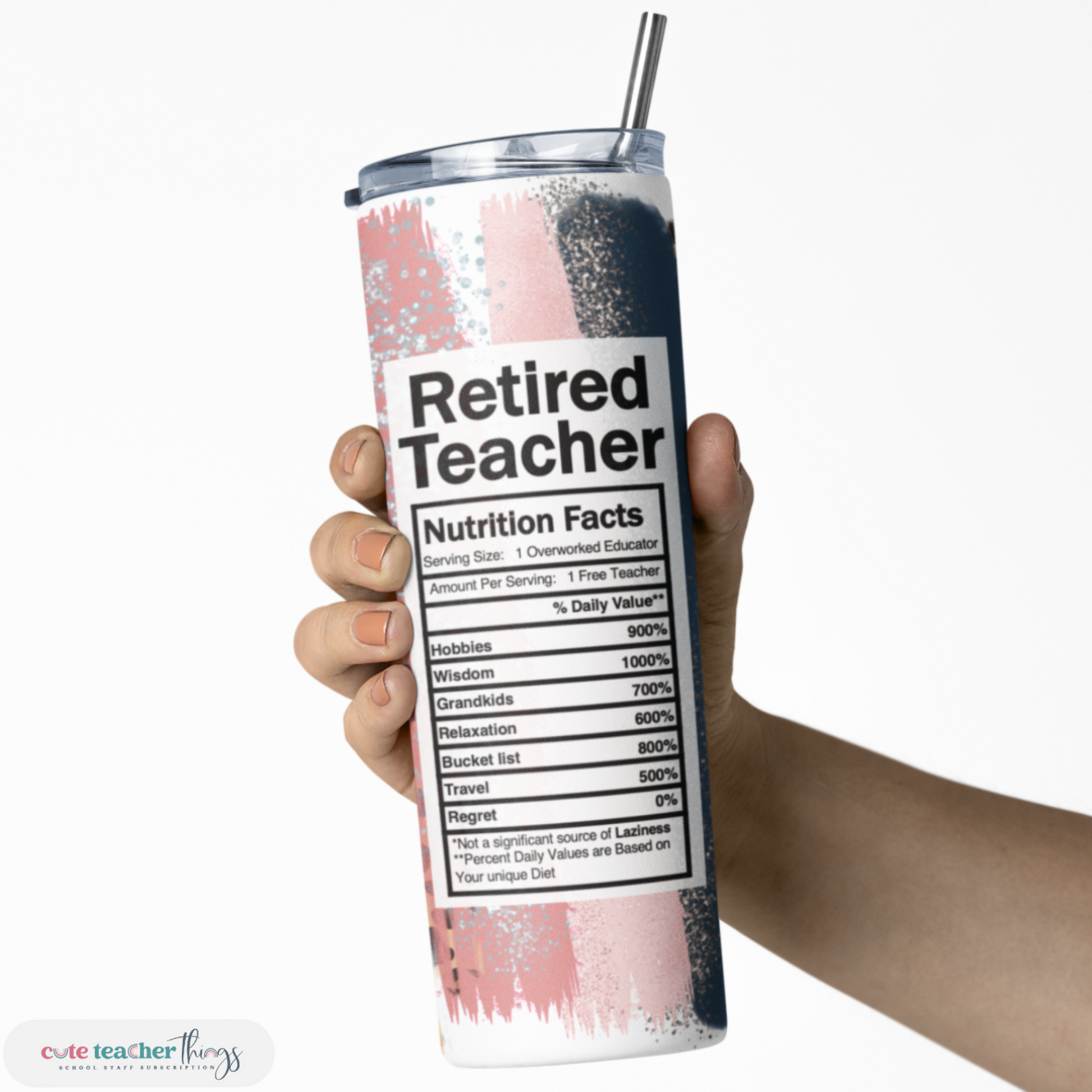 20 oz  skinny easy to hold tumbler, leopard print retired teacher nutrition facts design, thank you gift for retired teacher