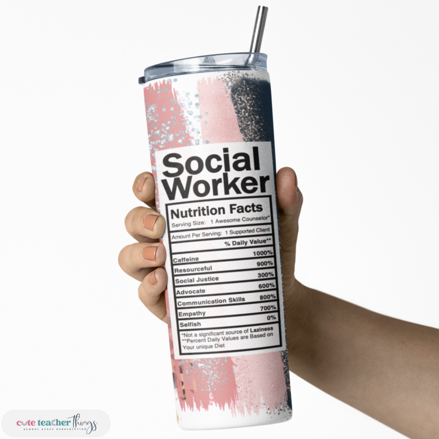 leak proof skinny tumbler with lid and straw, leopard print social worker nutrition facts design, suitable for indoor and otdooruse