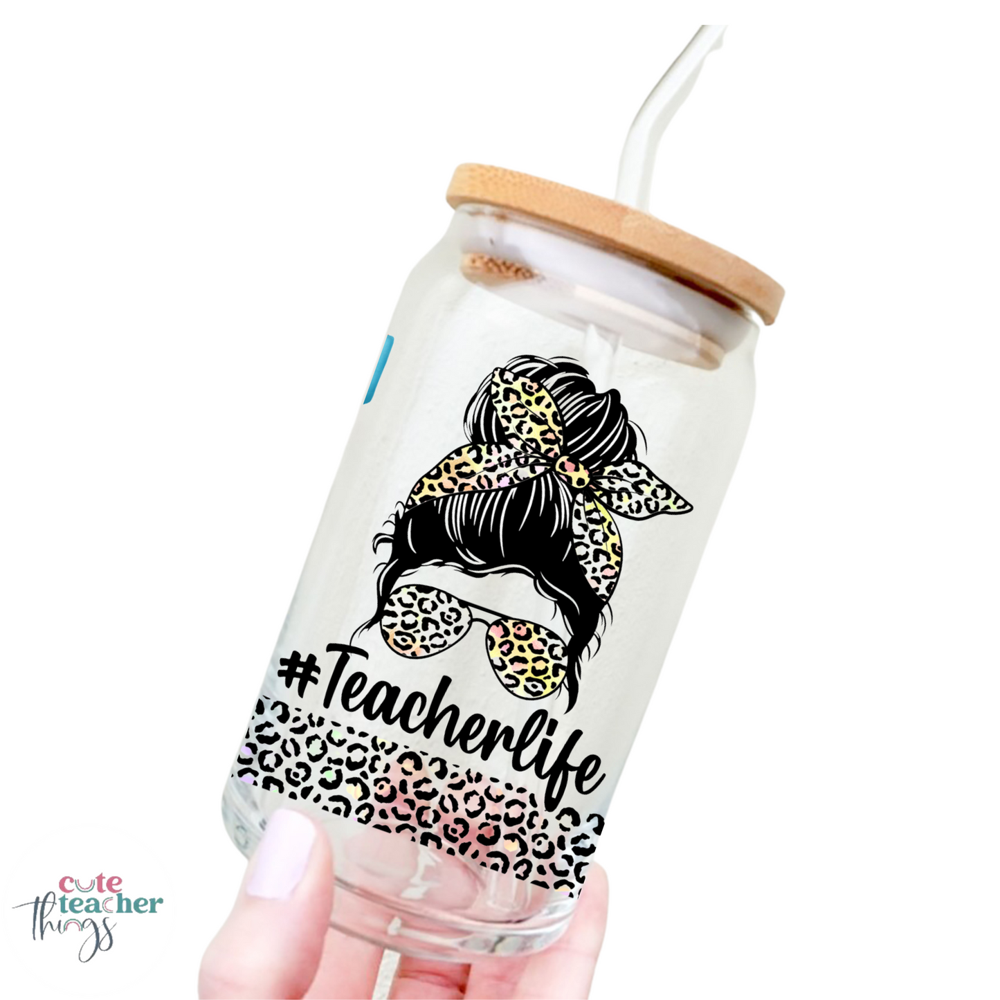teacher life messy bun clear glass cup, teacher's favorite glass cup, easy to hold