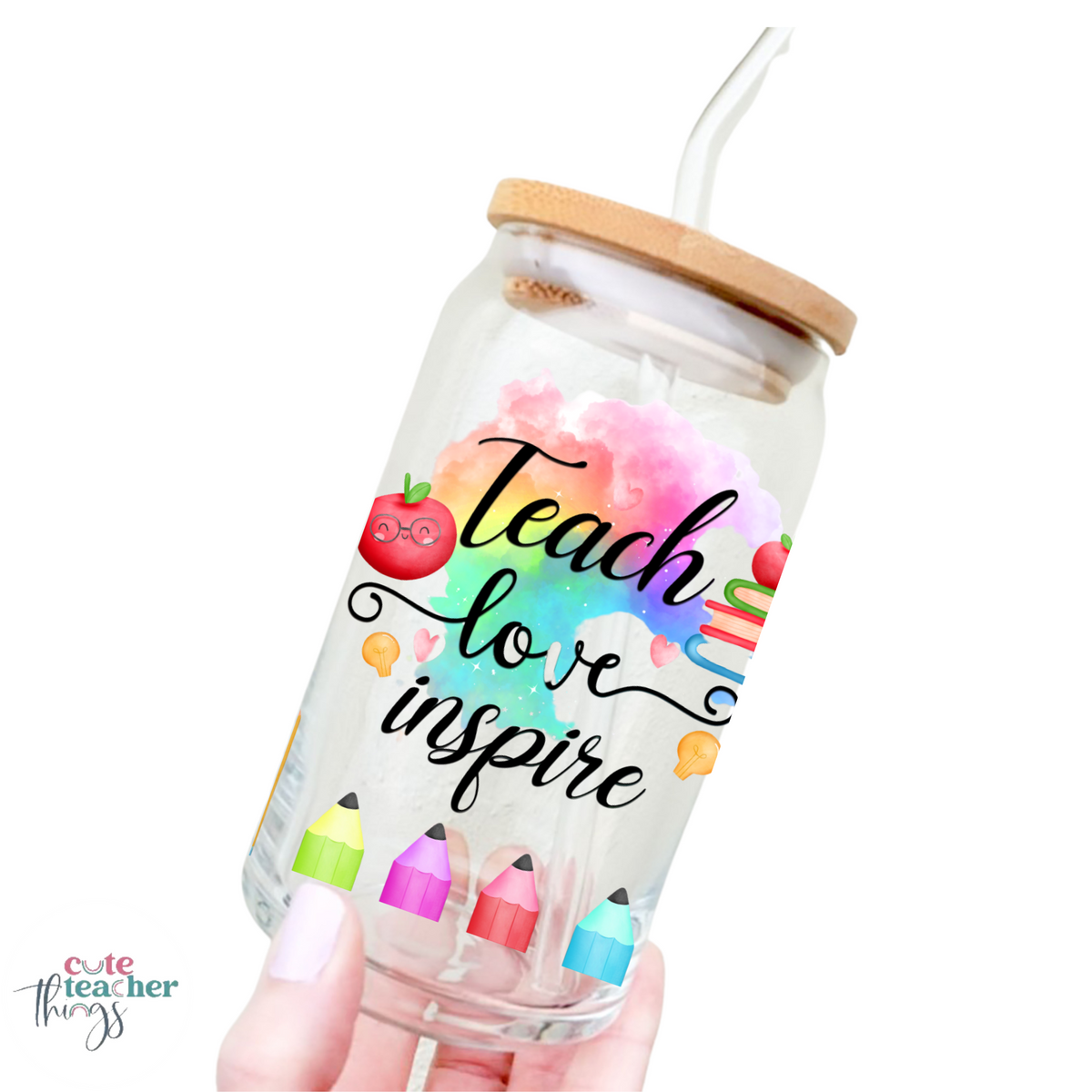 Cute TEACHER Theme With Straw & LID Iced Coffee Glass Can Vinyl Glassware  Beer Soda Can Shaped Mug Gifts Under 20 Gifts for TEACHER 