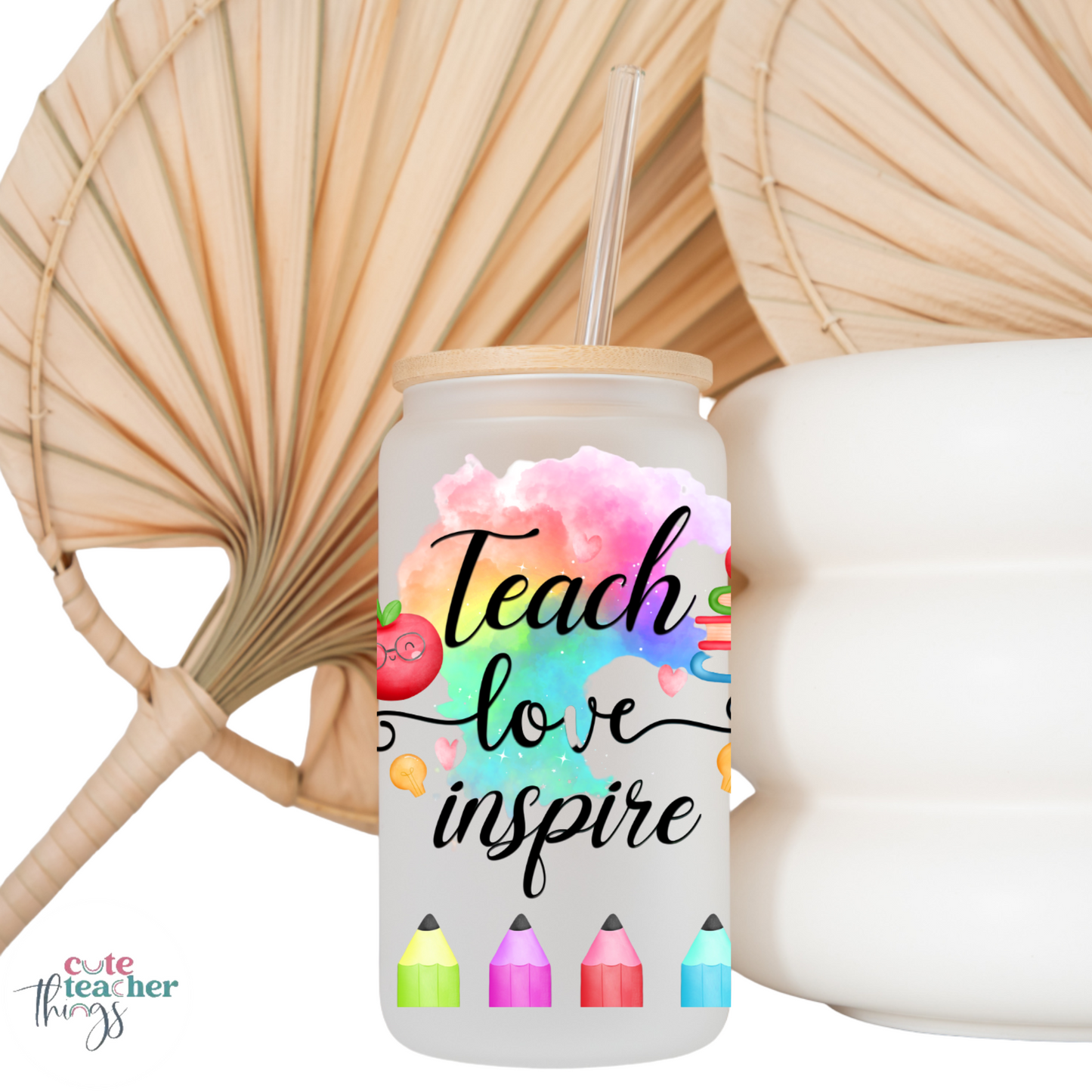 teach love inspire frosted glass cup, libbey glass, high quality