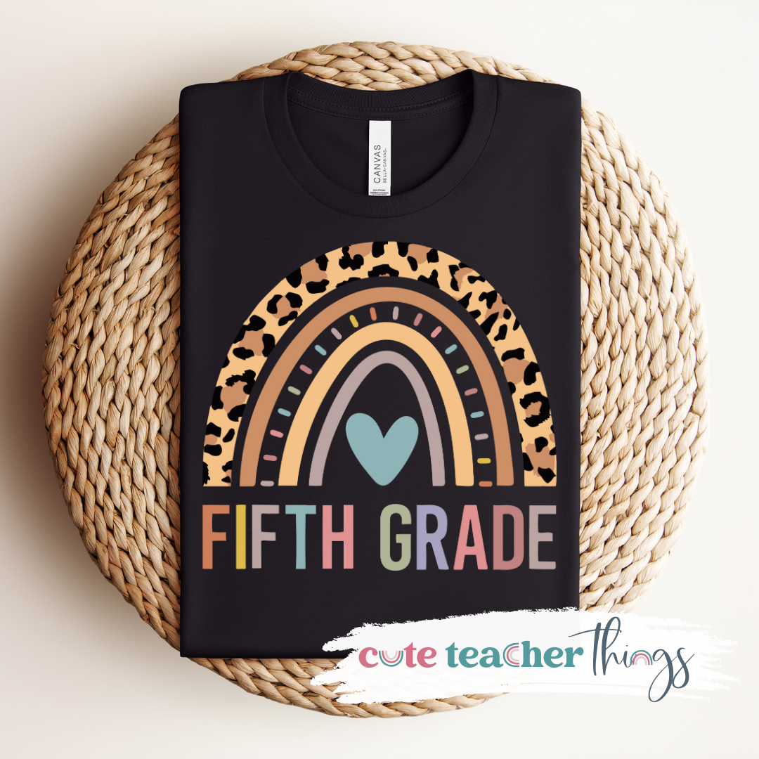 Fifth Grade Leopard Rainbow Heart Tee