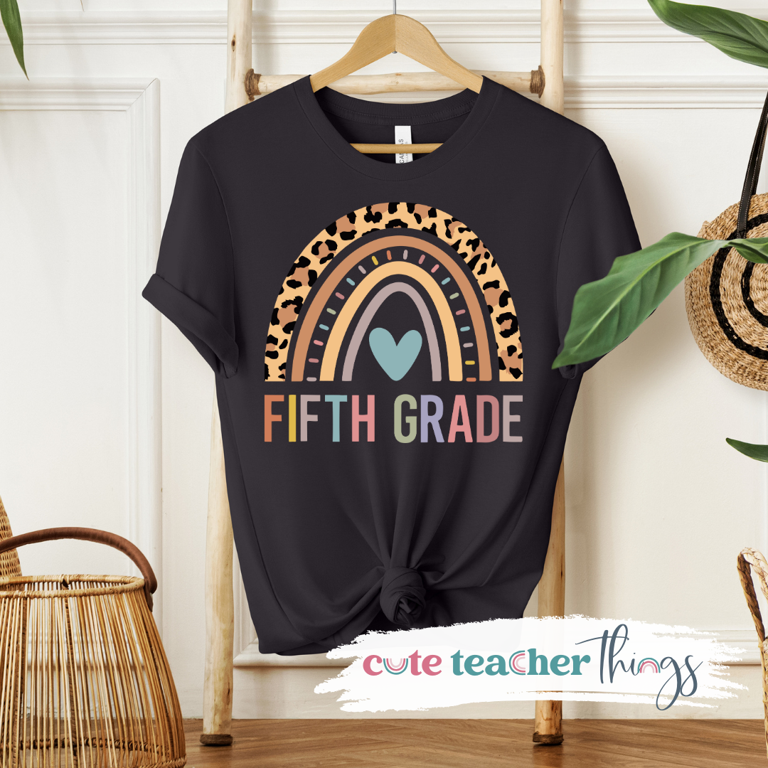 Fifth Grade Leopard Rainbow Heart Tee