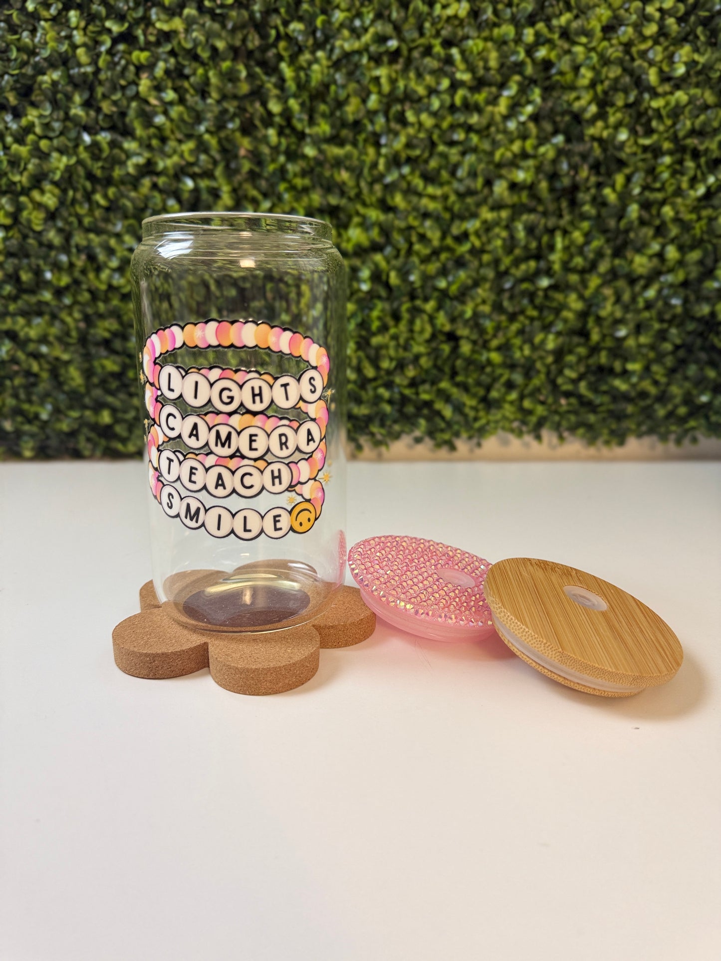 Lights Camera Teach Smile Glass Cup