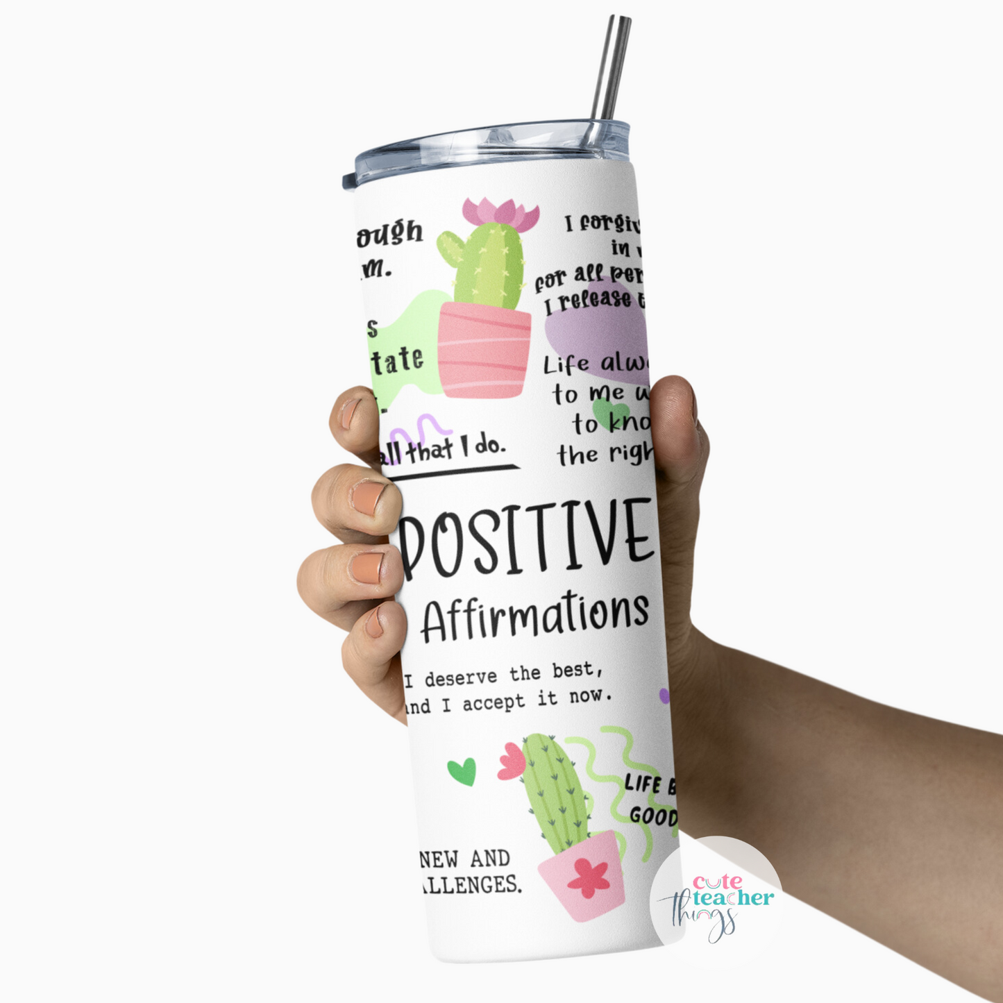 cactus daily affirmations tumbler, appreciation gift, positive affirmations