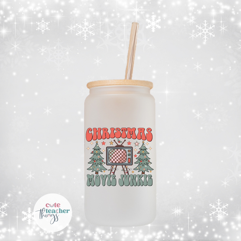 christmas movie junkie frosted glass cup,16 oz, with bamboo lid and plastic straw