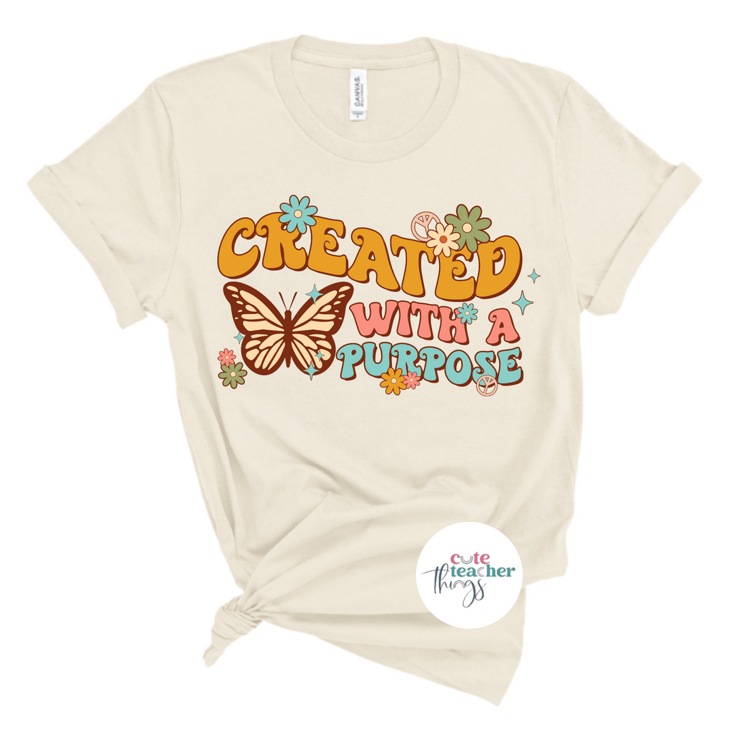 created with a purpose inspirational tee, inspirational, christian shirt, floral butterfly tee