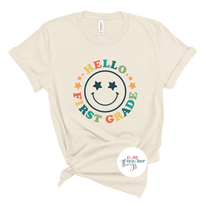 hello first grade tee, back to school outfit, teacher t-shirt