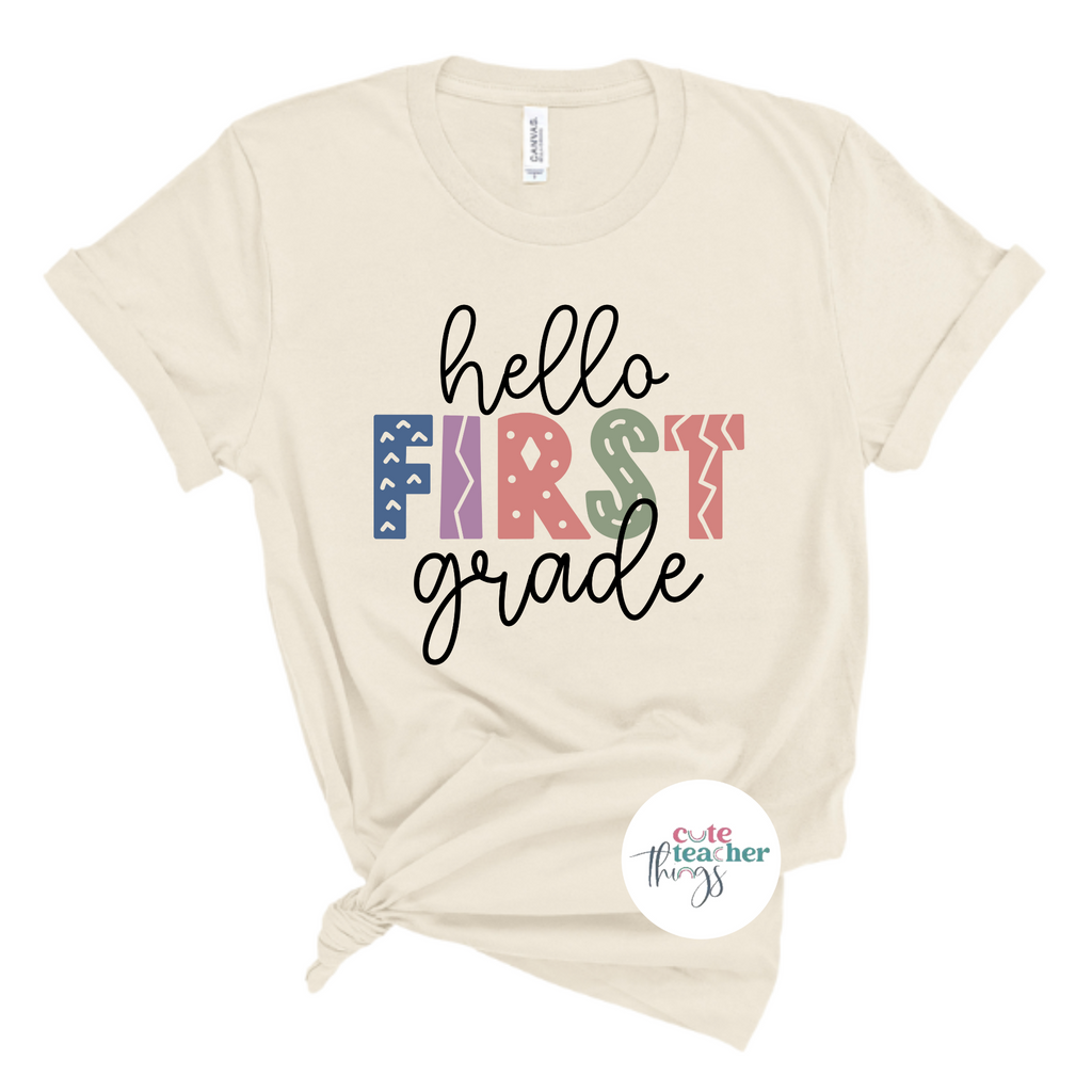 hello first grade tee, teacher appreciation t-shirt, first grade vibes shirt, back to school shirt