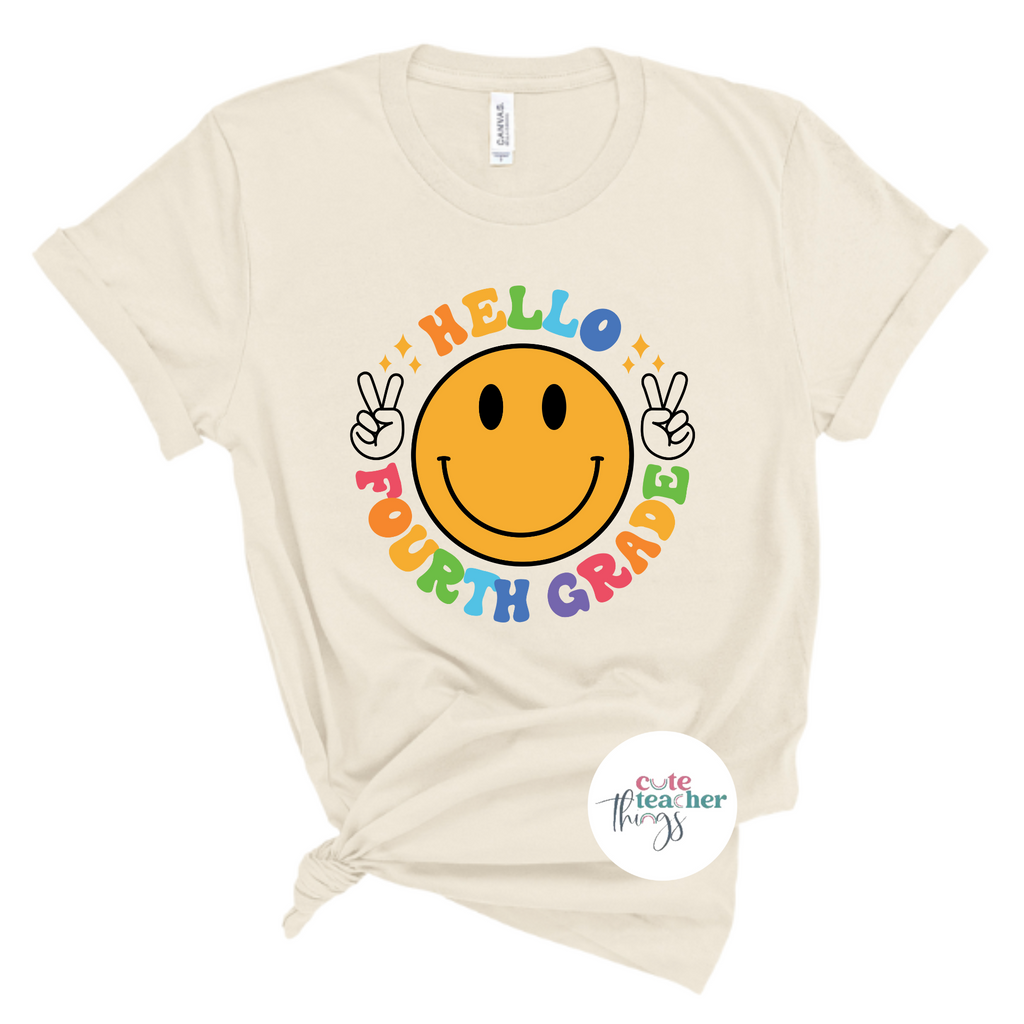hello fourth grade smiley tee, good vibes, fourth grade teacher t-shirt