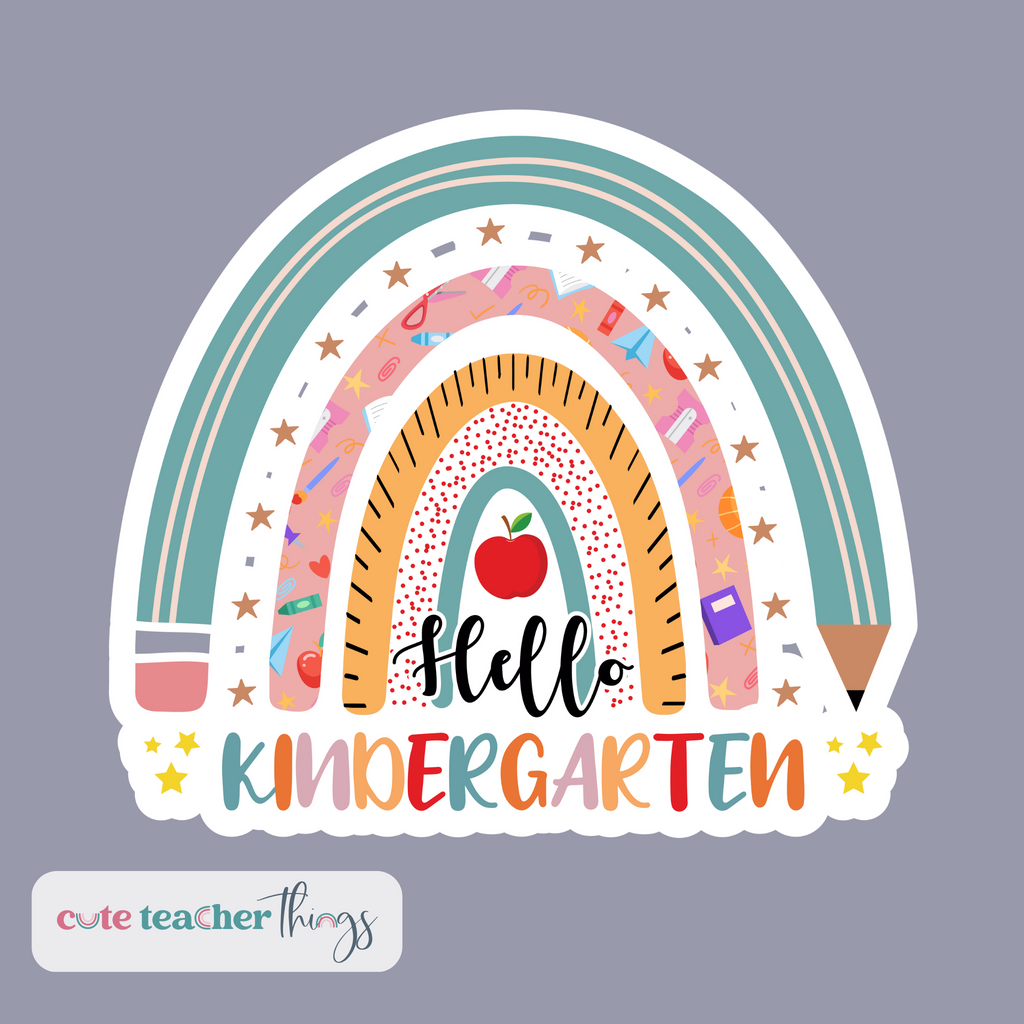 hello kindergarten sticker, 2 to 3 inches diameter, long lasting sticker