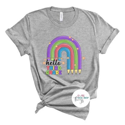 hello third grade pencil rainbow tee, good vibes shirt, teacher life t-shirt