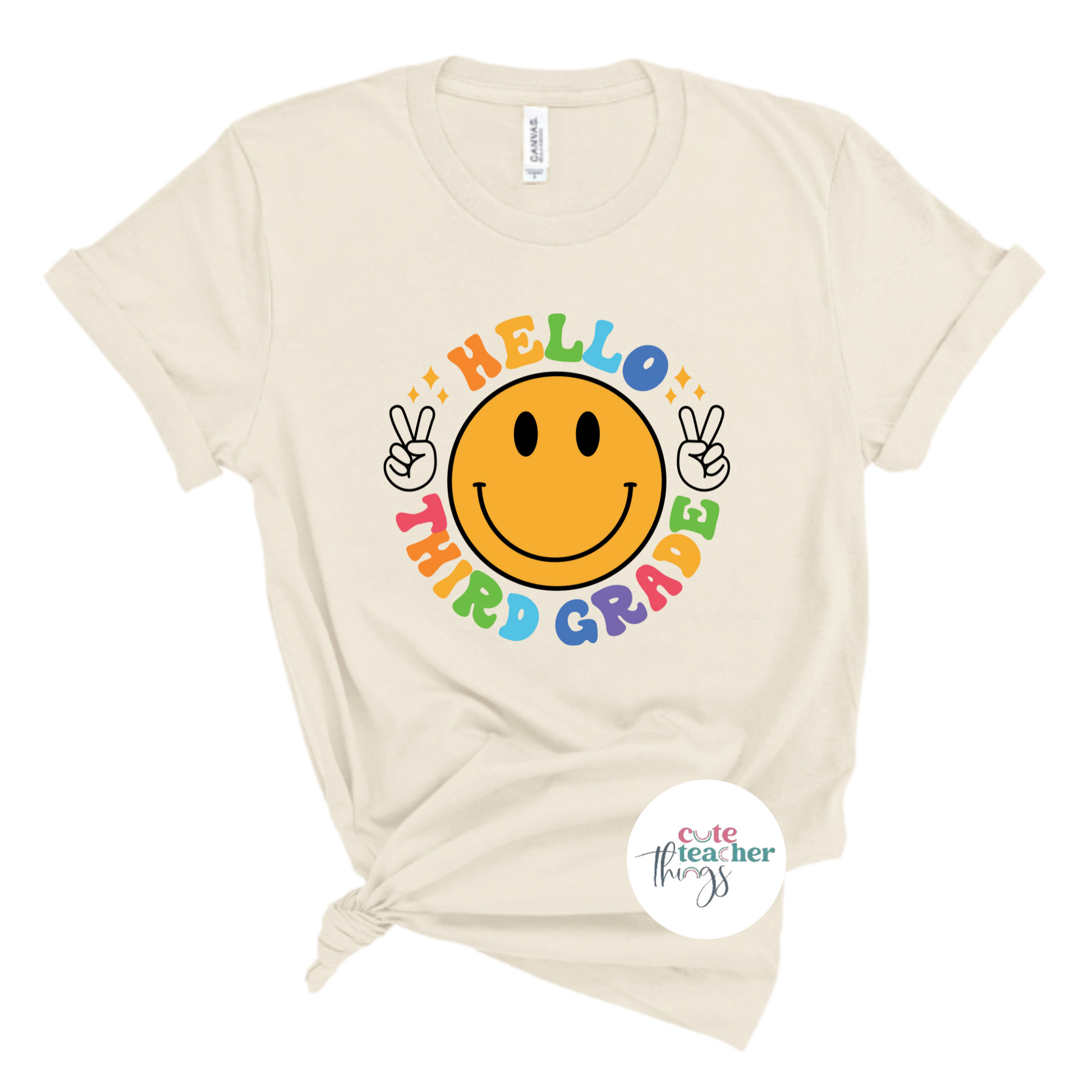 hello third grade smiley tee, good vibes t-shirt, back to school shirt, for third grade teachers