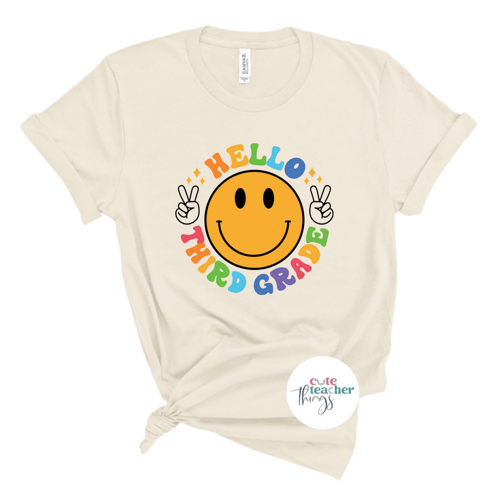 hello third grade smiley tee, good vibes t-shirt, back to school shirt, for third grade teachers
