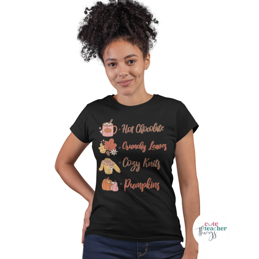 hot chocolate, crunchy leaves, cozy knits, pumpkins tee, cute fall shirt, autumn t-shirt 