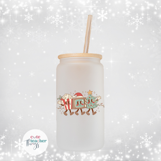 retro christmas pop corn frosted glass cup, for movie lovers, for coffee lovers