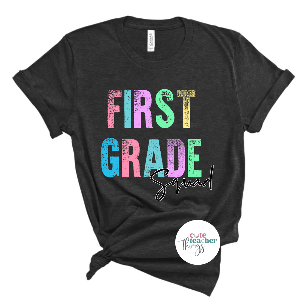 retro first grade squad tee, first grade teacher shirt, teacher gift, graphic tee, first day of school shirt
