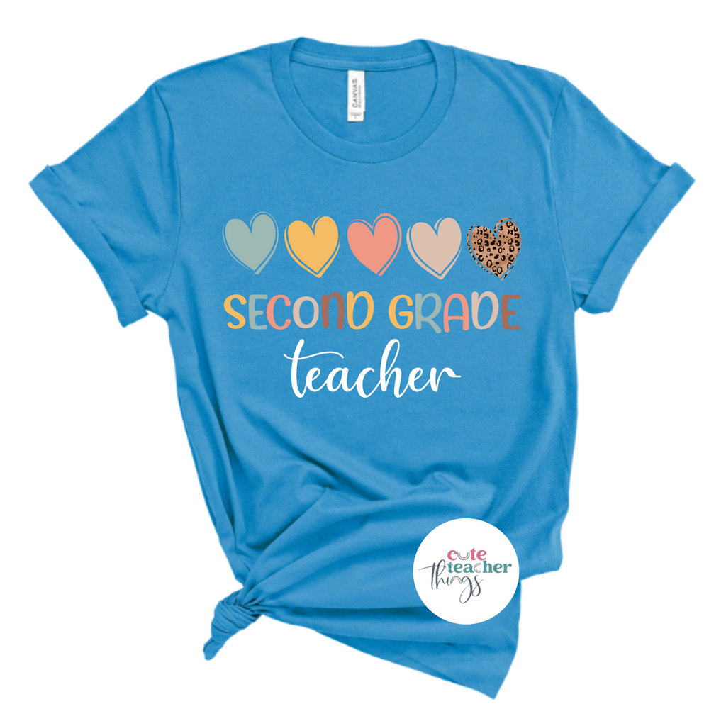 second grade teacher with hearts tee, teacher gift, graphic t-shirt for second grade teachers, teacher love