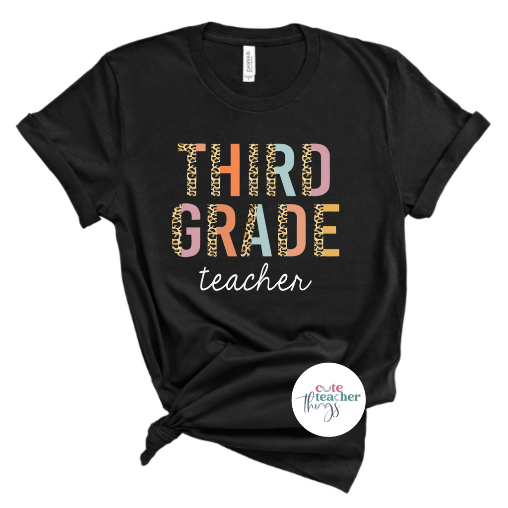 third grade teacher half-leopard print tee, back to school shirt, first day of school t-shirt, teachers day outfit, perfect gift idea for third grade teacher
