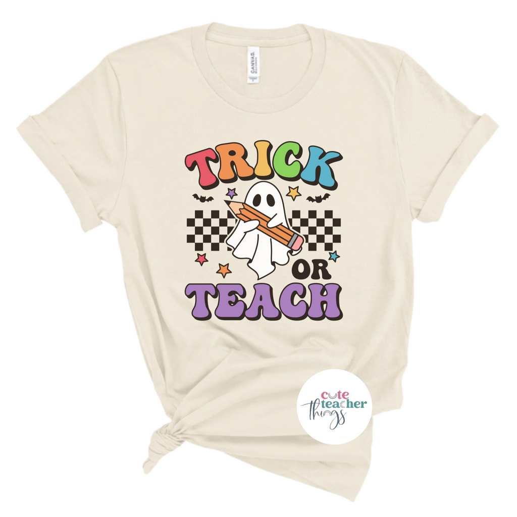 trick or teach tee, teacher gift ideas for halloween, fall teacher shirt, school halloween party outfit