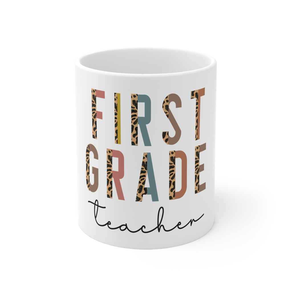 first grade teacher 11oz ceramic mug, teacher appreciation, half-leopard print 